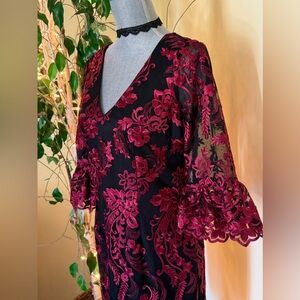 ADRIANNA PAPELL Burgundy and Black Embroidered Dress